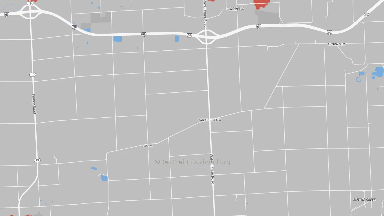 Walk Grade map of Goodells, MI, walkable areas in green and car-dependent areas in red