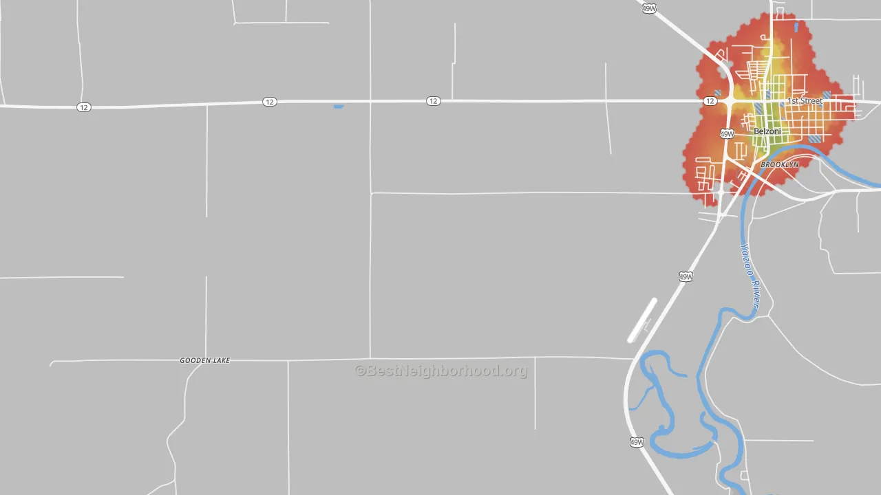 Walk Grade map of Gooden Lake, MS, walkable areas in green and car-dependent areas in red