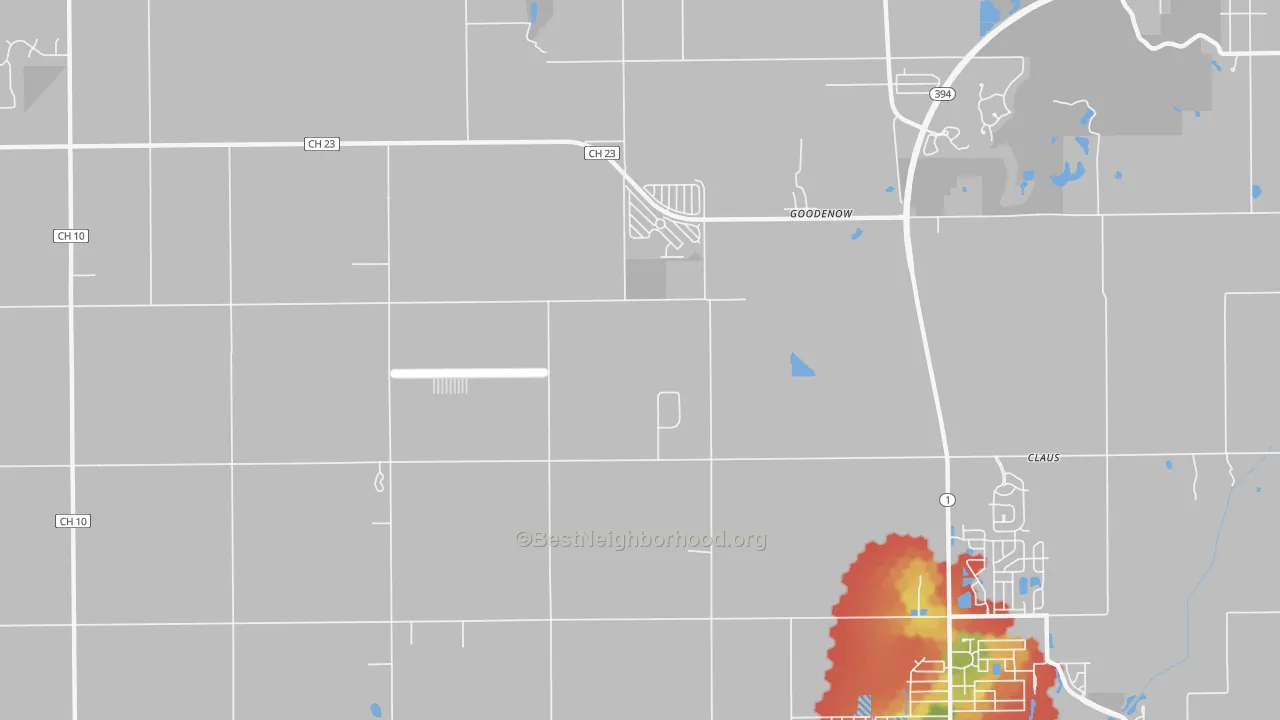 Walk Grade map of Goodenow, IL, walkable areas in green and car-dependent areas in red