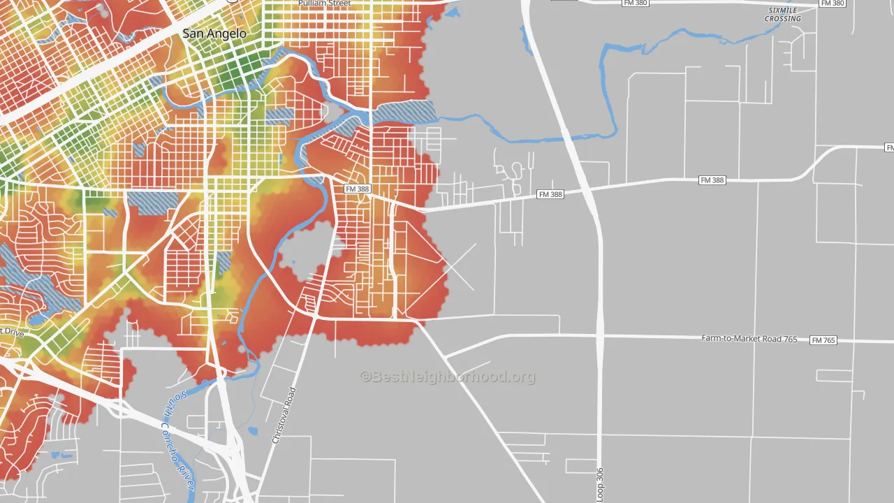 Walk Grade map of Goodfellow Afb, TX, walkable areas in green and car-dependent areas in red