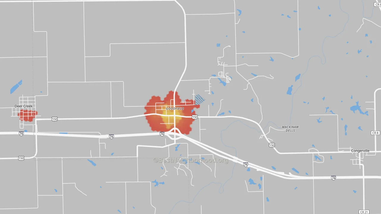 Walk Grade map of Goodfield, IL, walkable areas in green and car-dependent areas in red