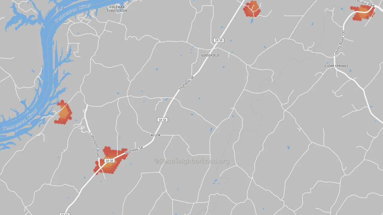 Walk Grade map of Goodfield, TN, walkable areas in green and car-dependent areas in red