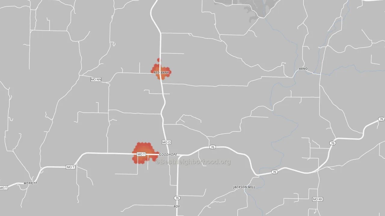 Walk Grade map of Goodhope, MO, walkable areas in green and car-dependent areas in red