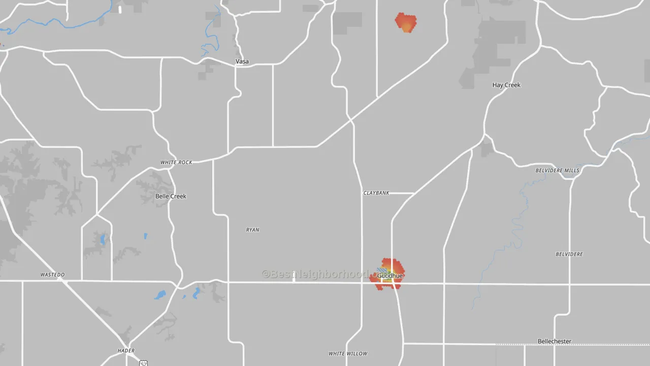 Walk Grade map of Goodhue County, MN, walkable areas in green and car-dependent areas in red