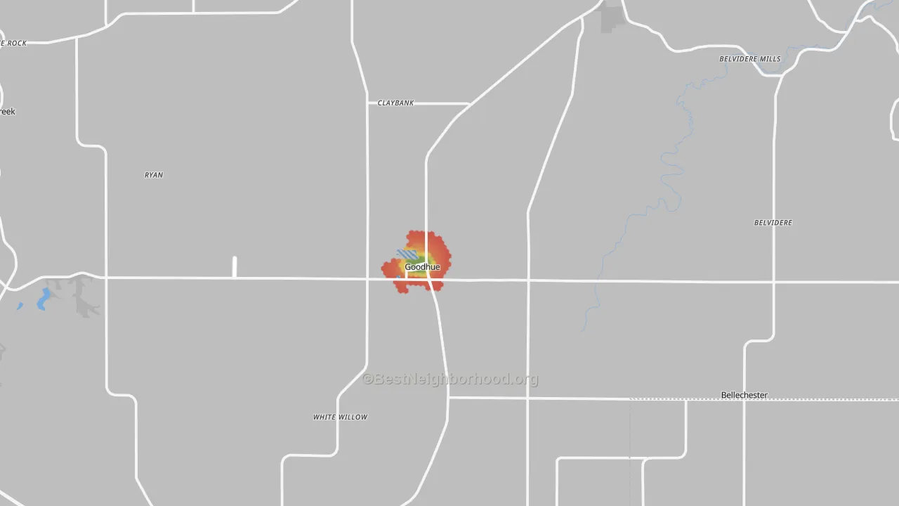 Walk Grade map of Goodhue, MN, walkable areas in green and car-dependent areas in red