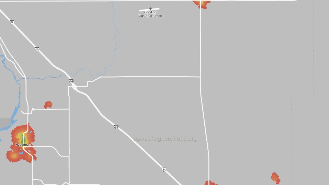Walk Grade map of Gooding County, ID, walkable areas in green and car-dependent areas in red