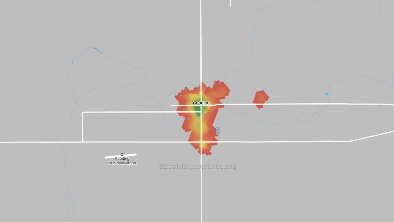 Walk Grade map of Gooding, ID, walkable areas in green and car-dependent areas in red
