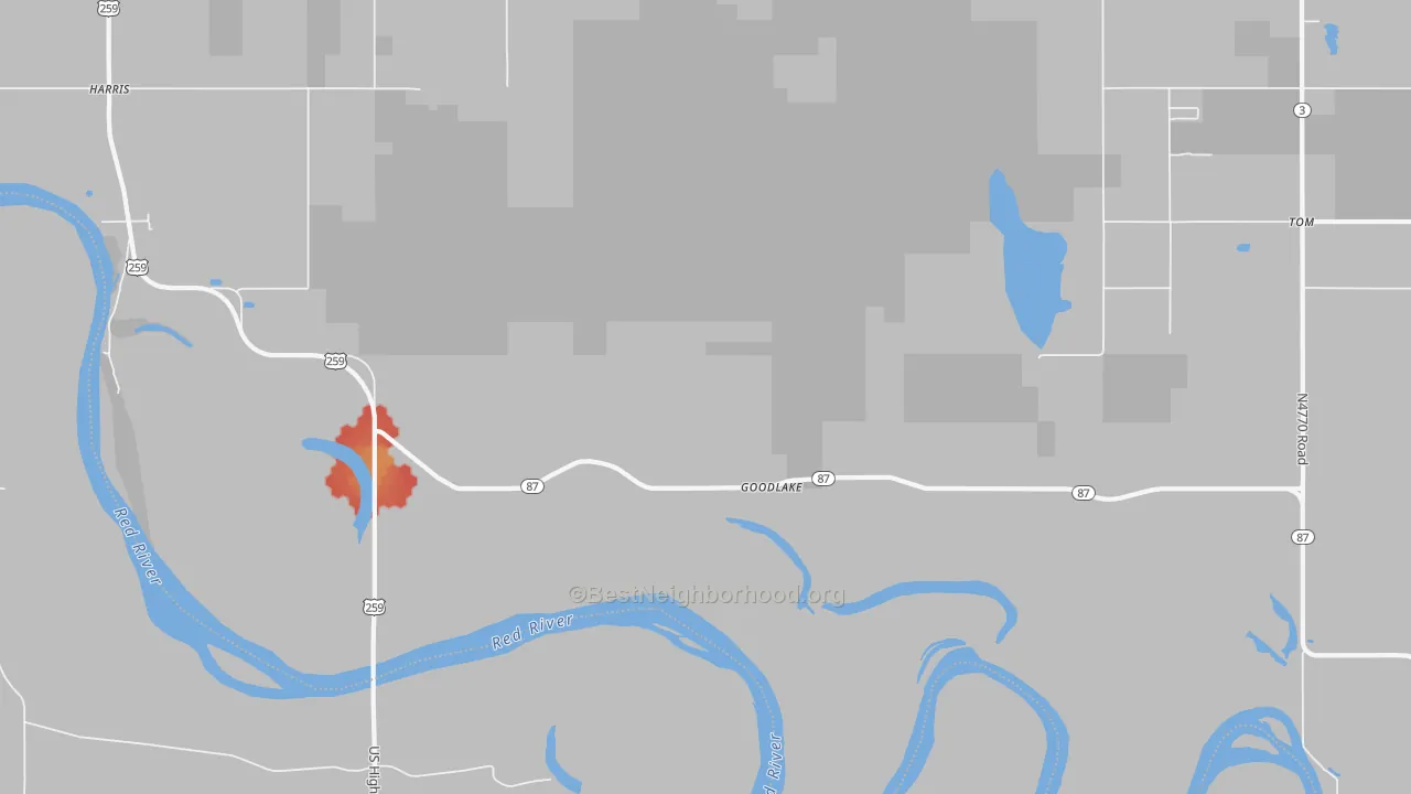 Walk Grade map of Goodlake, OK, walkable areas in green and car-dependent areas in red