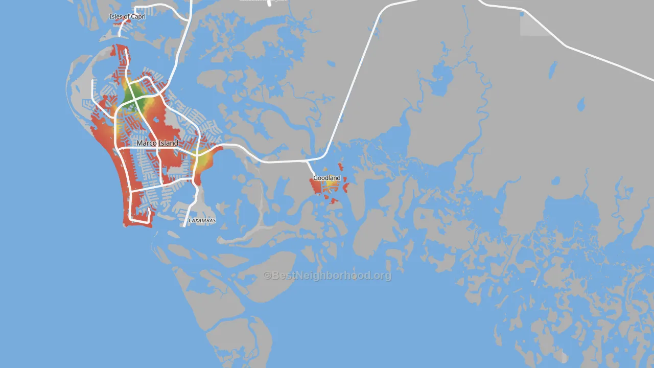 Walk Grade map of Goodland, FL, walkable areas in green and car-dependent areas in red