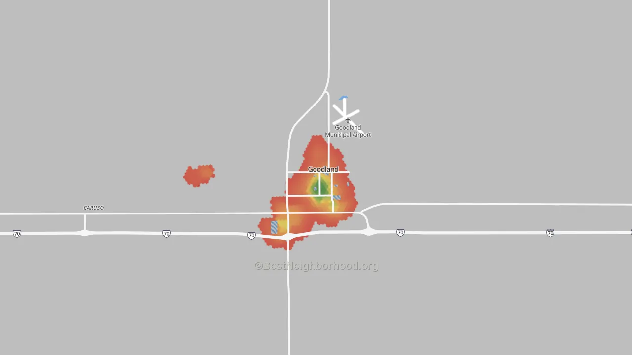 Walk Grade map of Goodland, KS, walkable areas in green and car-dependent areas in red