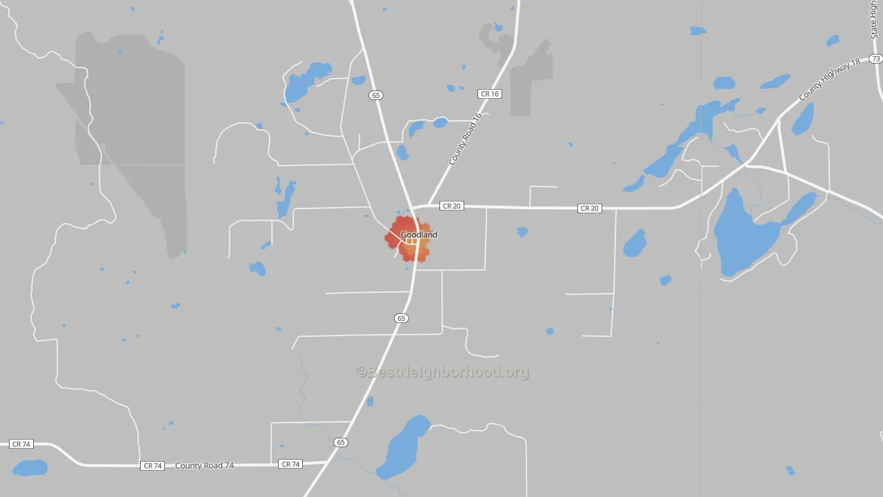 Walk Grade map of Goodland, MN, walkable areas in green and car-dependent areas in red