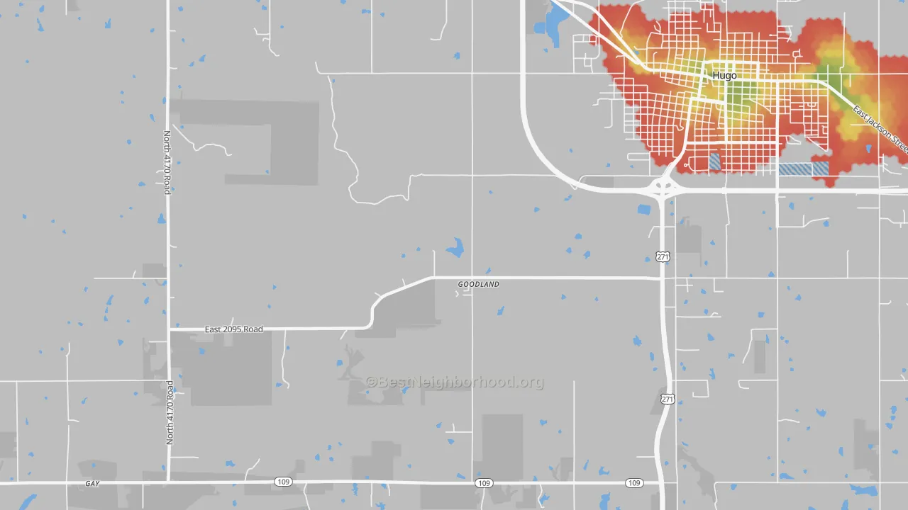 Walk Grade map of Goodland, OK, walkable areas in green and car-dependent areas in red