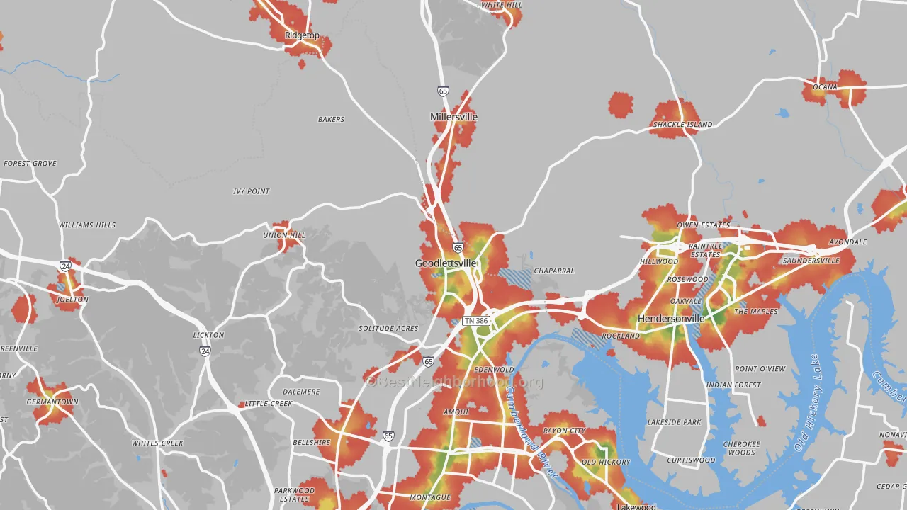 Walk Grade map of Goodlettsville, TN, walkable areas in green and car-dependent areas in red