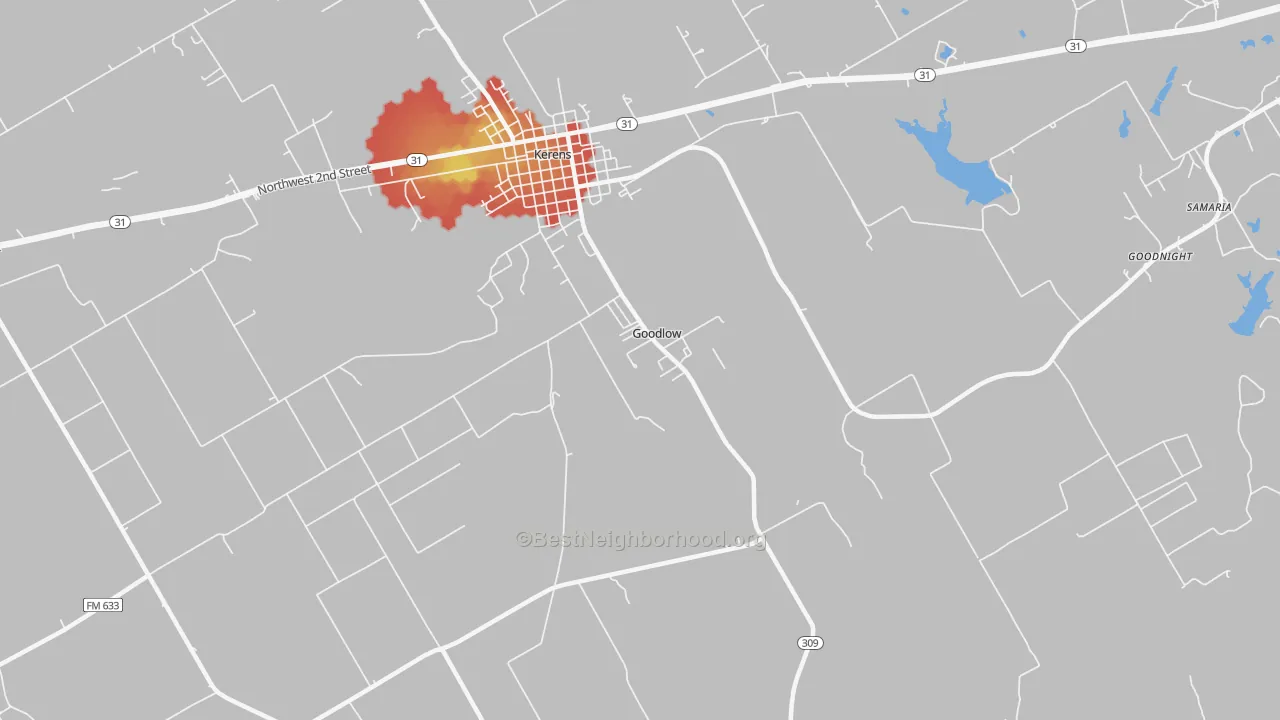 Walk Grade map of Goodlow, TX, walkable areas in green and car-dependent areas in red