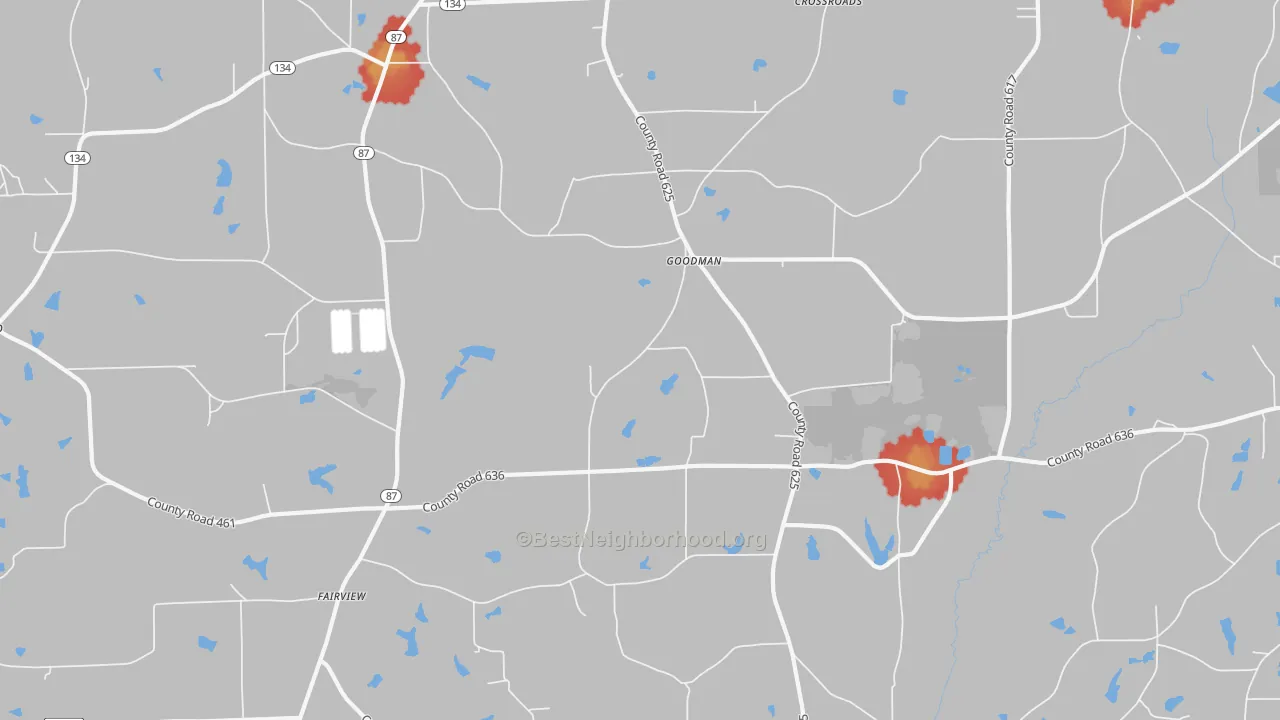 Walk Grade map of Goodman, AL, walkable areas in green and car-dependent areas in red
