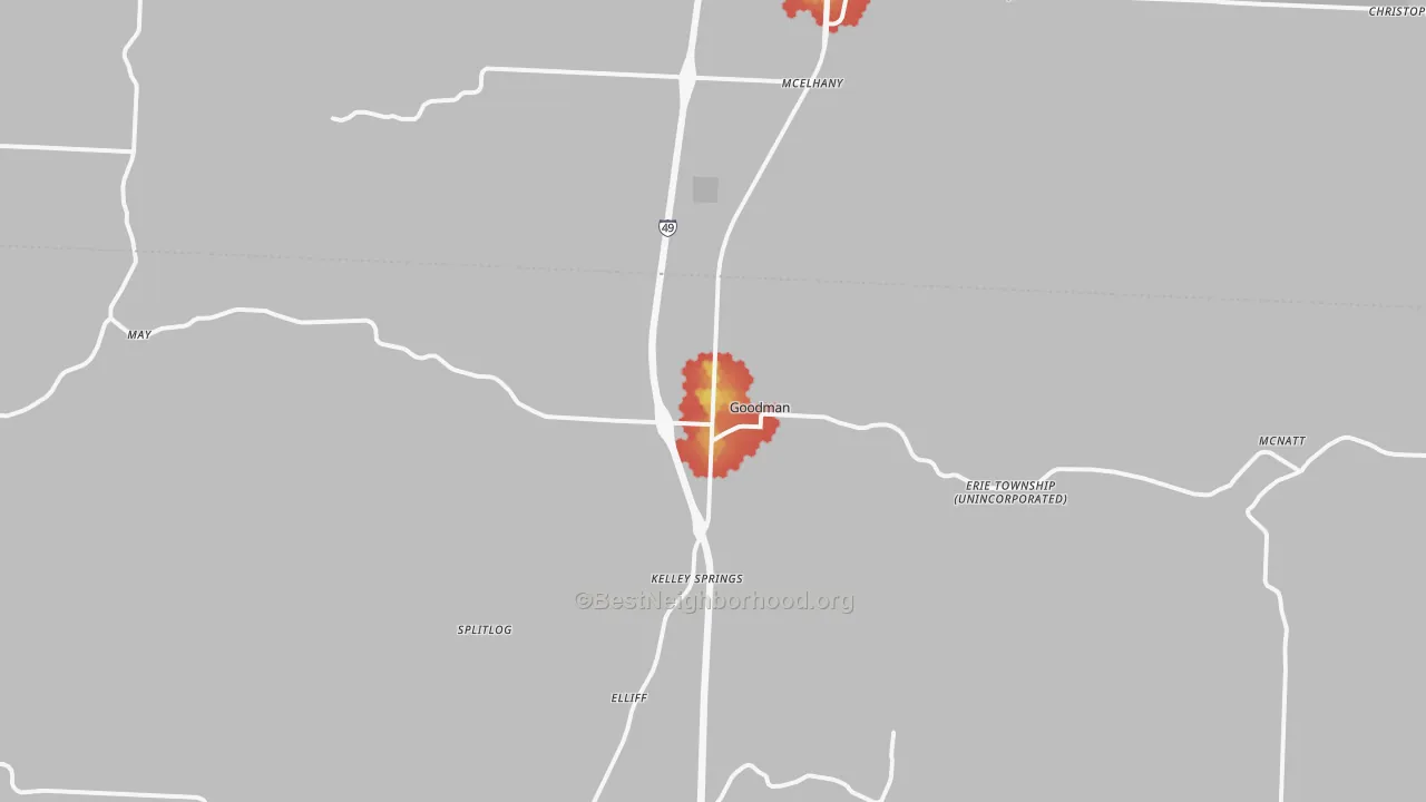 Walk Grade map of Goodman, MO, walkable areas in green and car-dependent areas in red