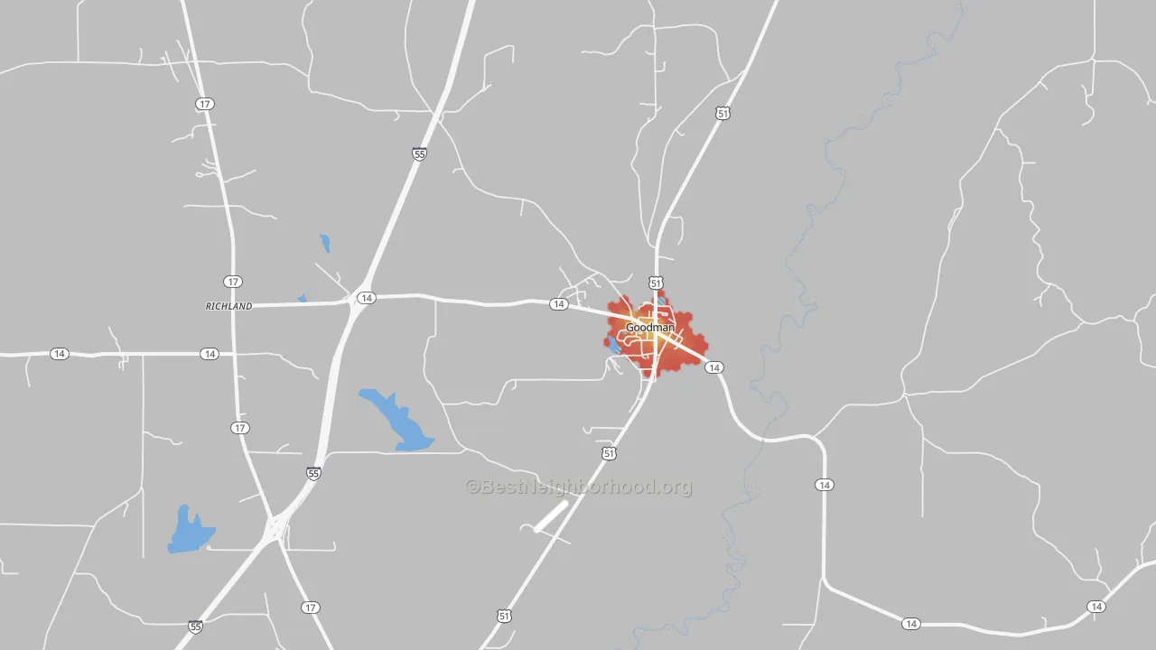 Walk Grade map of Goodman, MS, walkable areas in green and car-dependent areas in red