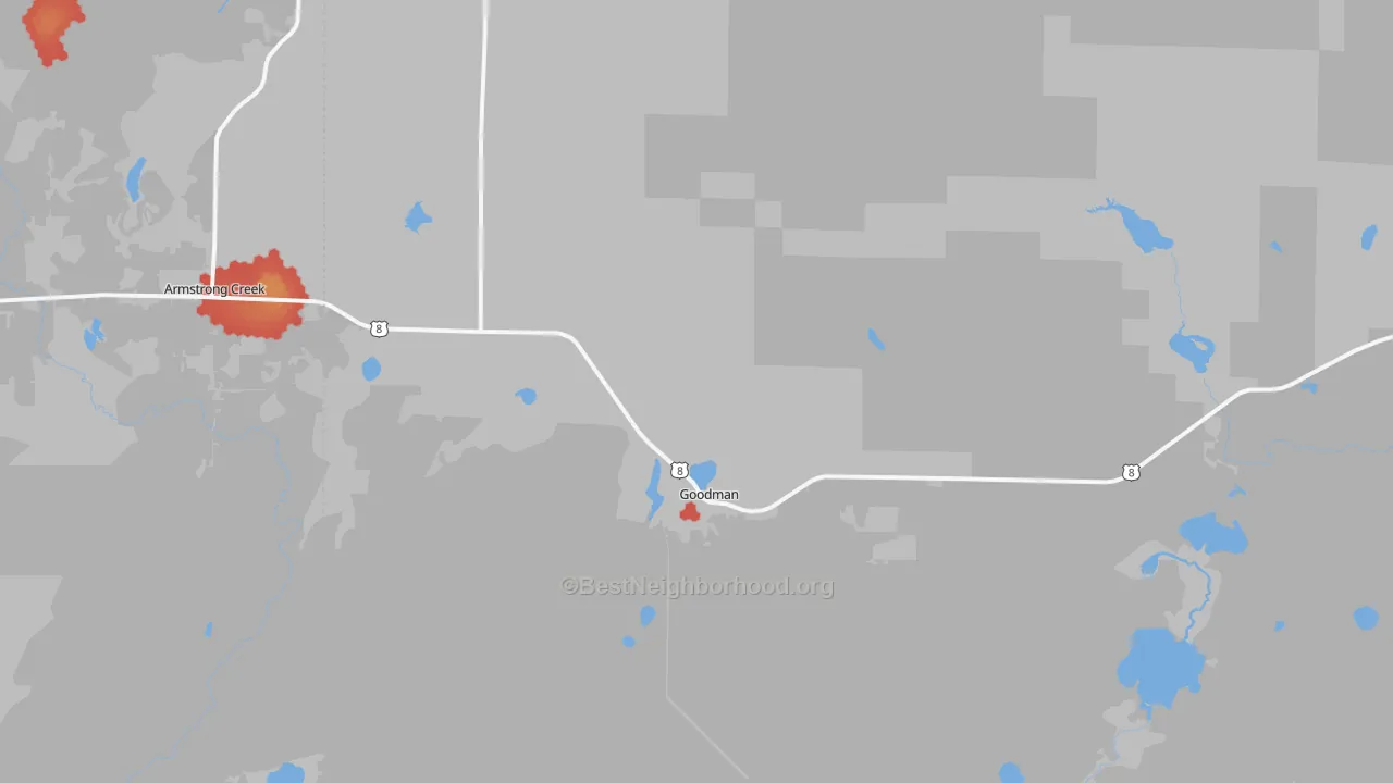 Walk Grade map of Goodman, WI, walkable areas in green and car-dependent areas in red