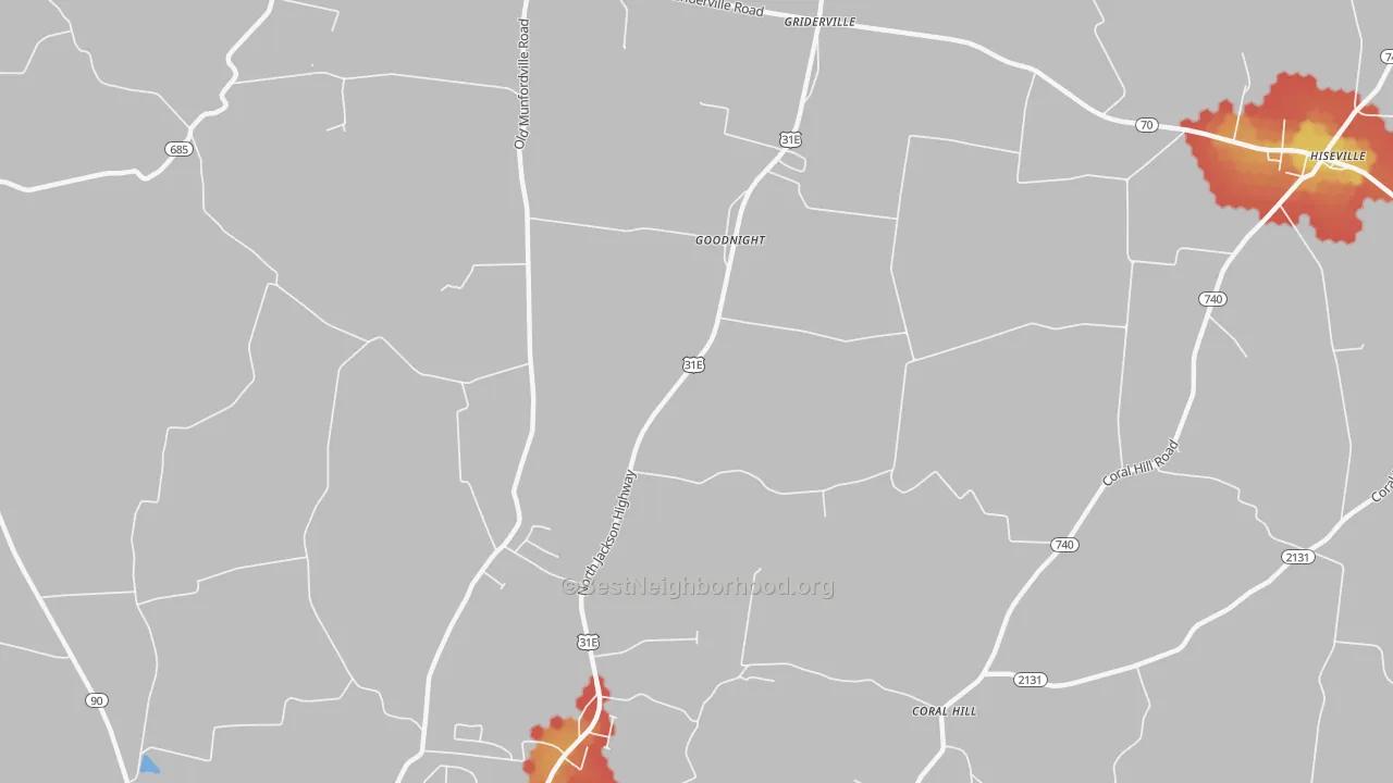 Walk Grade map of Goodnight, KY, walkable areas in green and car-dependent areas in red