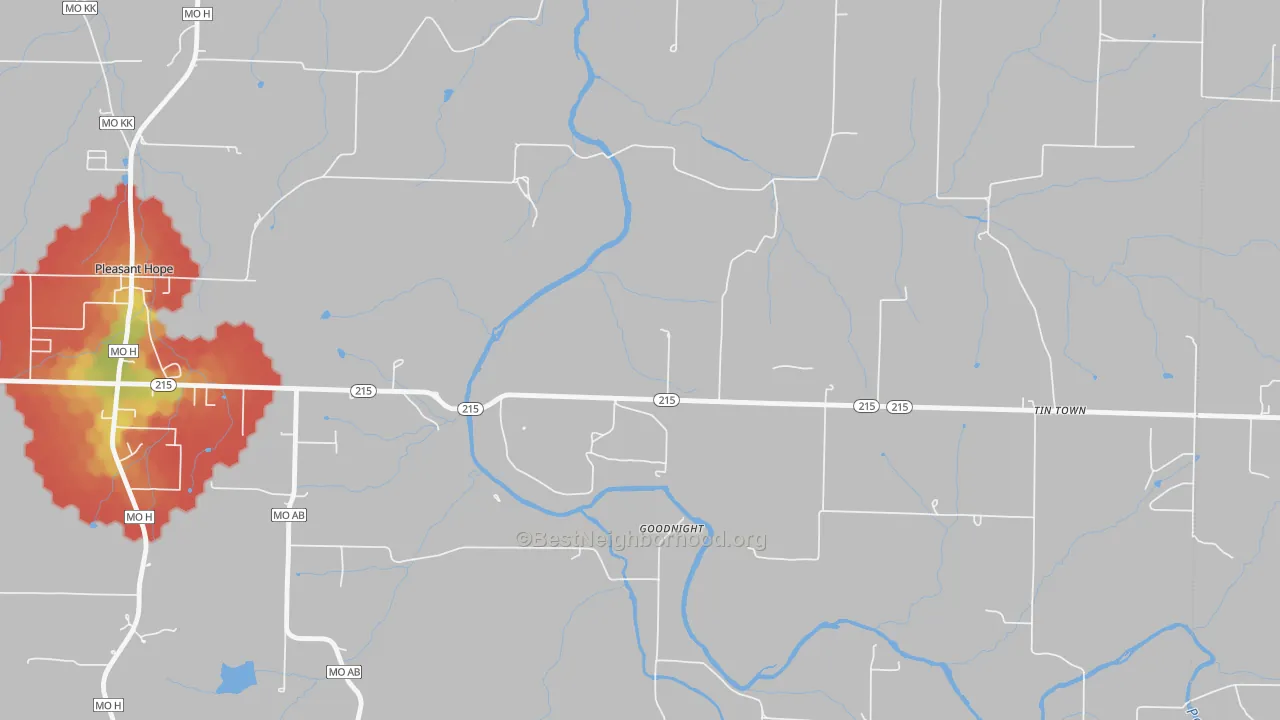 Walk Grade map of Goodnight, MO, walkable areas in green and car-dependent areas in red
