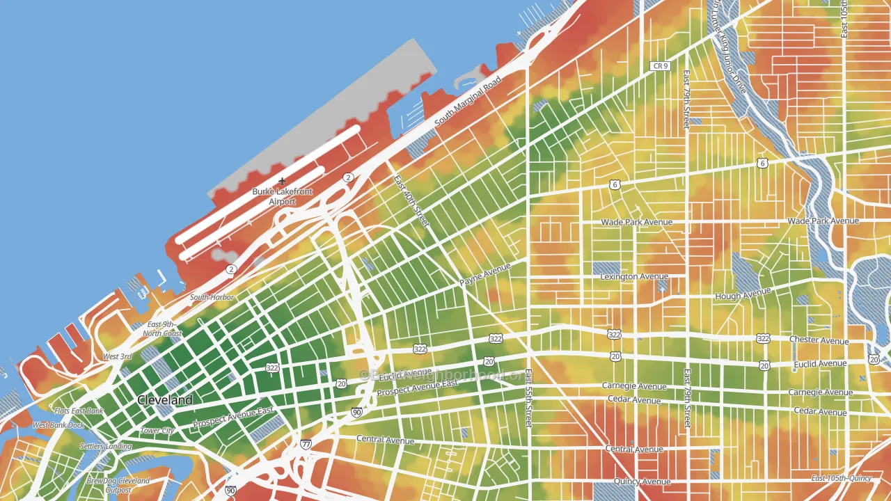 Walk Grade map of Goodrich-Kirtland Park, Cleveland, OH, walkable areas in green and car-dependent areas in red