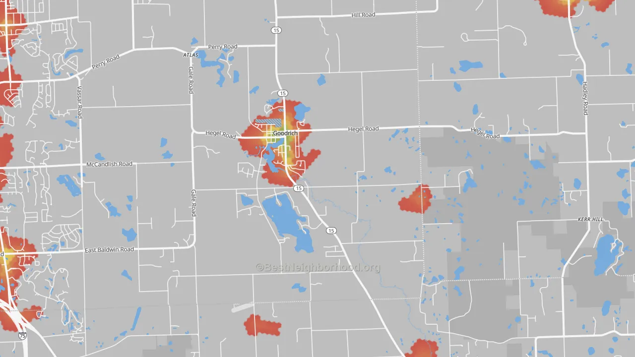 Walk Grade map of Goodrich, MI, walkable areas in green and car-dependent areas in red