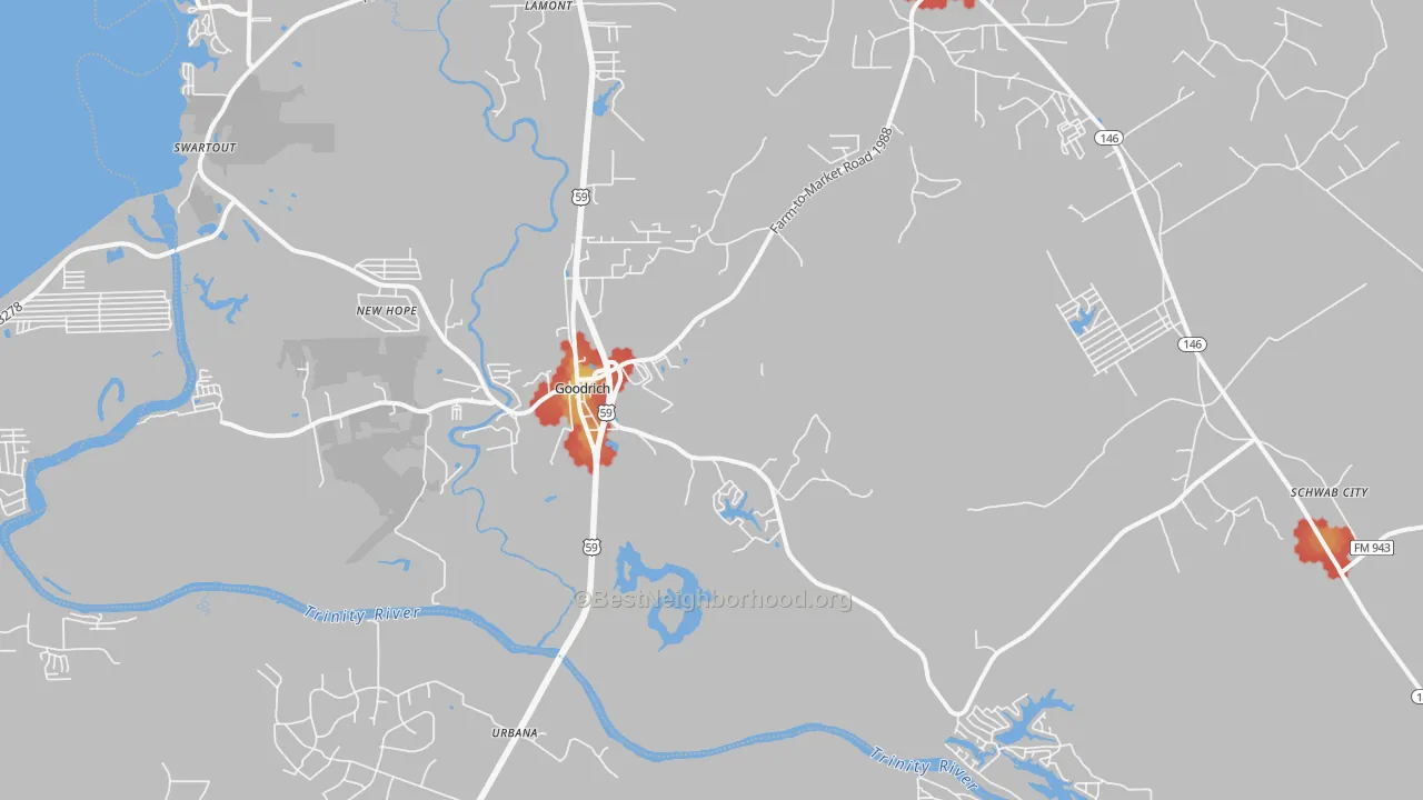 Walk Grade map of Goodrich, TX, walkable areas in green and car-dependent areas in red