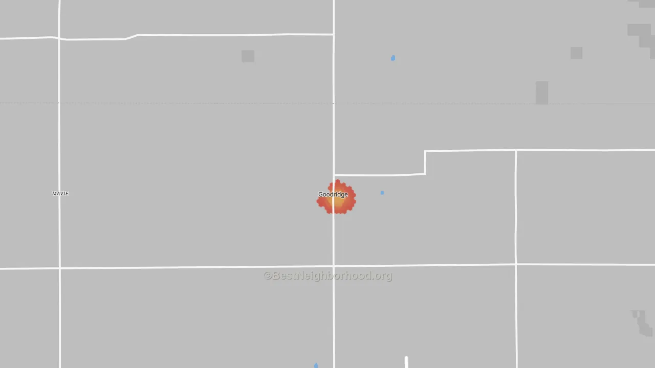 Walk Grade map of Goodridge, MN, walkable areas in green and car-dependent areas in red