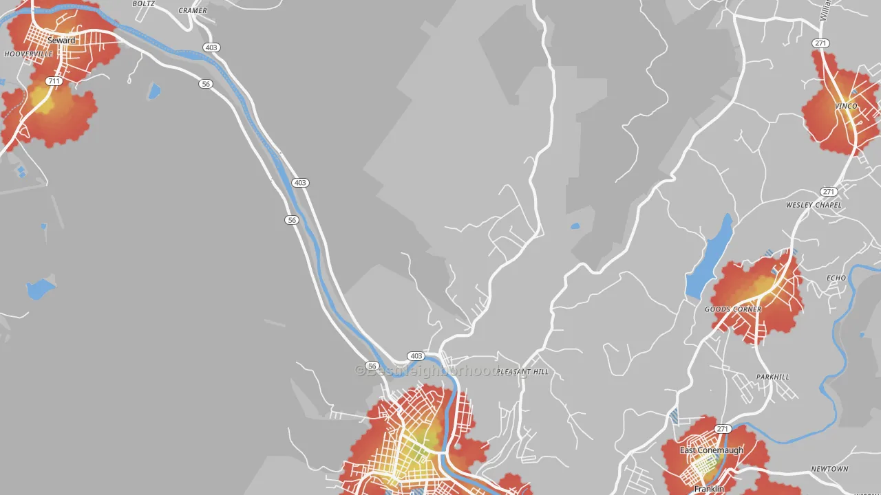 Walk Grade map of Goods Corner, PA, walkable areas in green and car-dependent areas in red