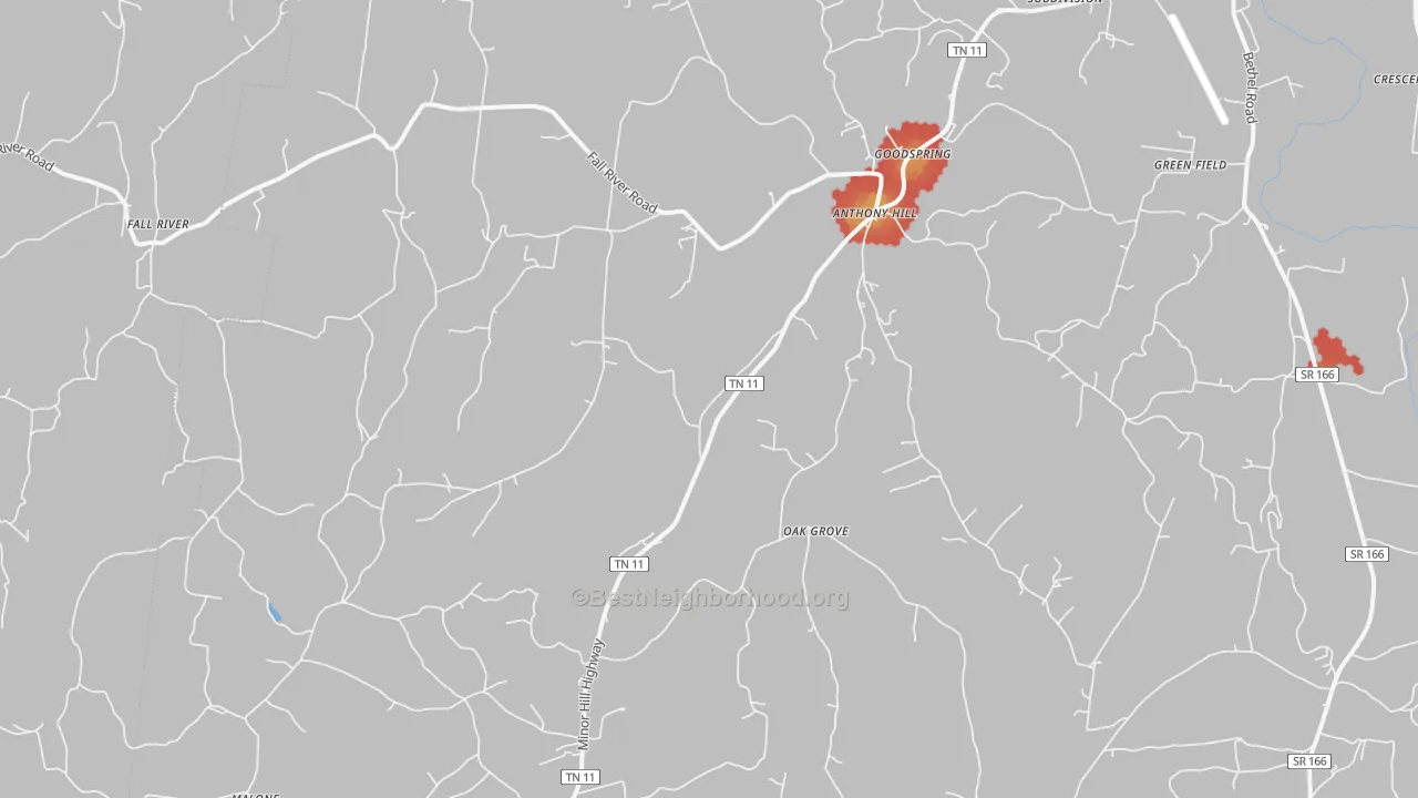 Walk Grade map of Goodspring, TN, walkable areas in green and car-dependent areas in red