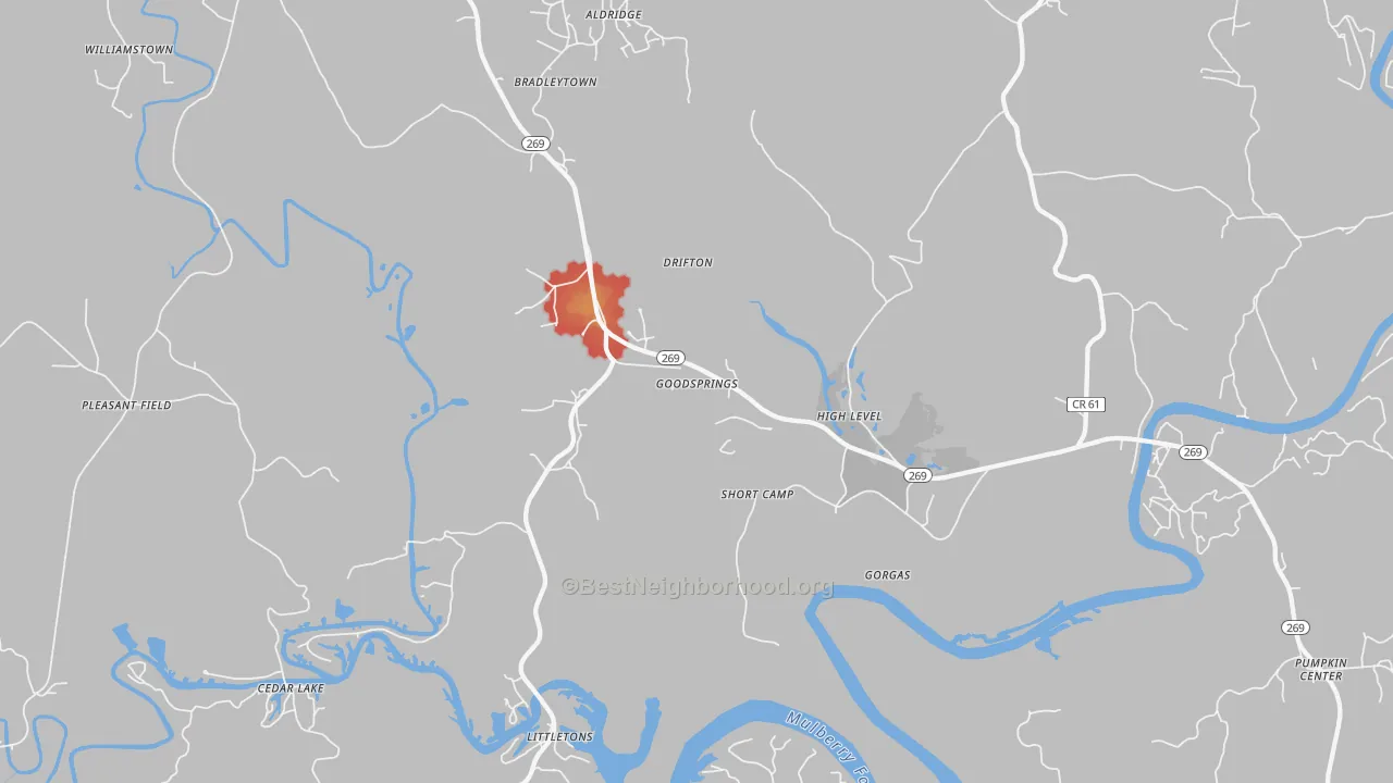Walk Grade map of Goodsprings, AL, walkable areas in green and car-dependent areas in red