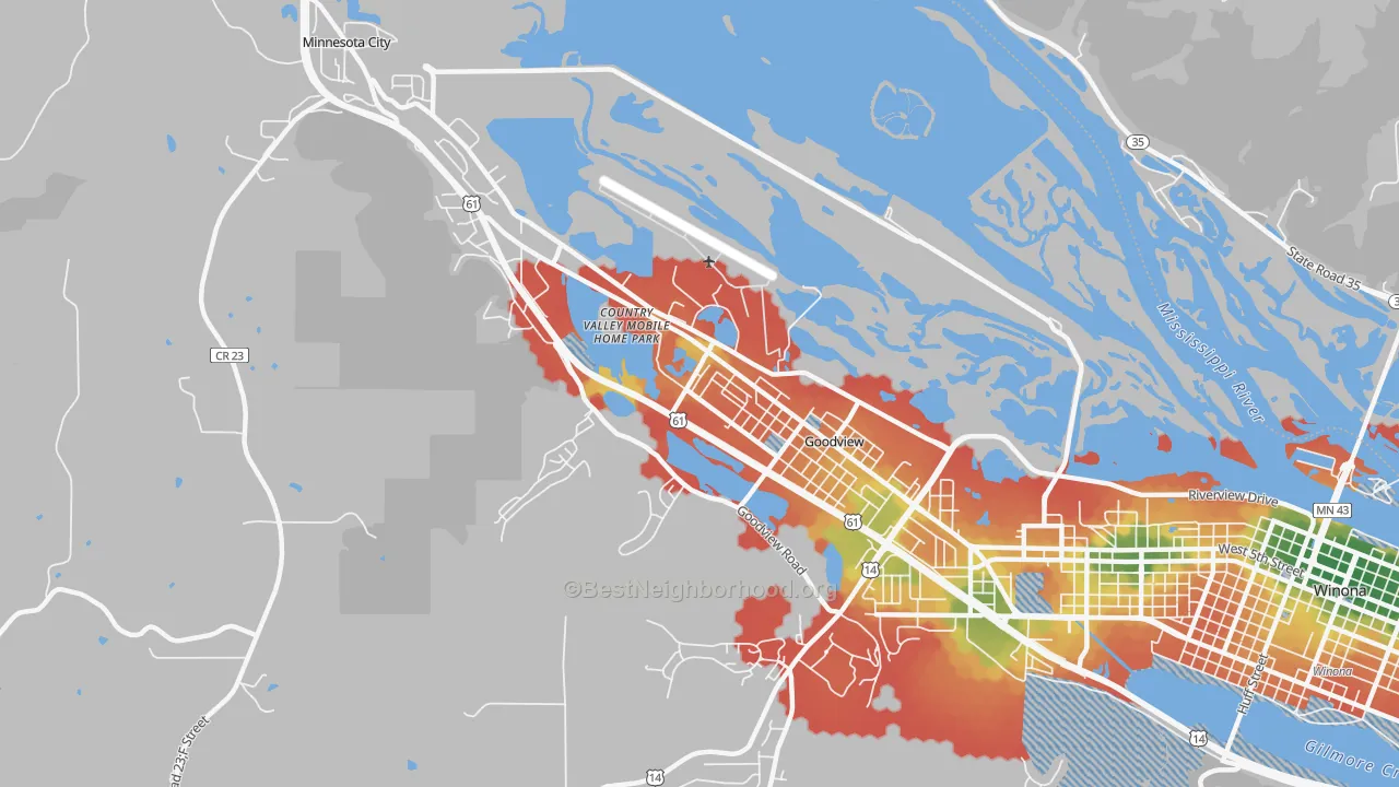 Walk Grade map of Goodview, MN, walkable areas in green and car-dependent areas in red