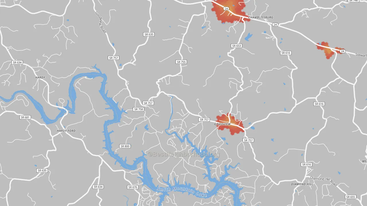 Walk Grade map of Goodview, VA, walkable areas in green and car-dependent areas in red