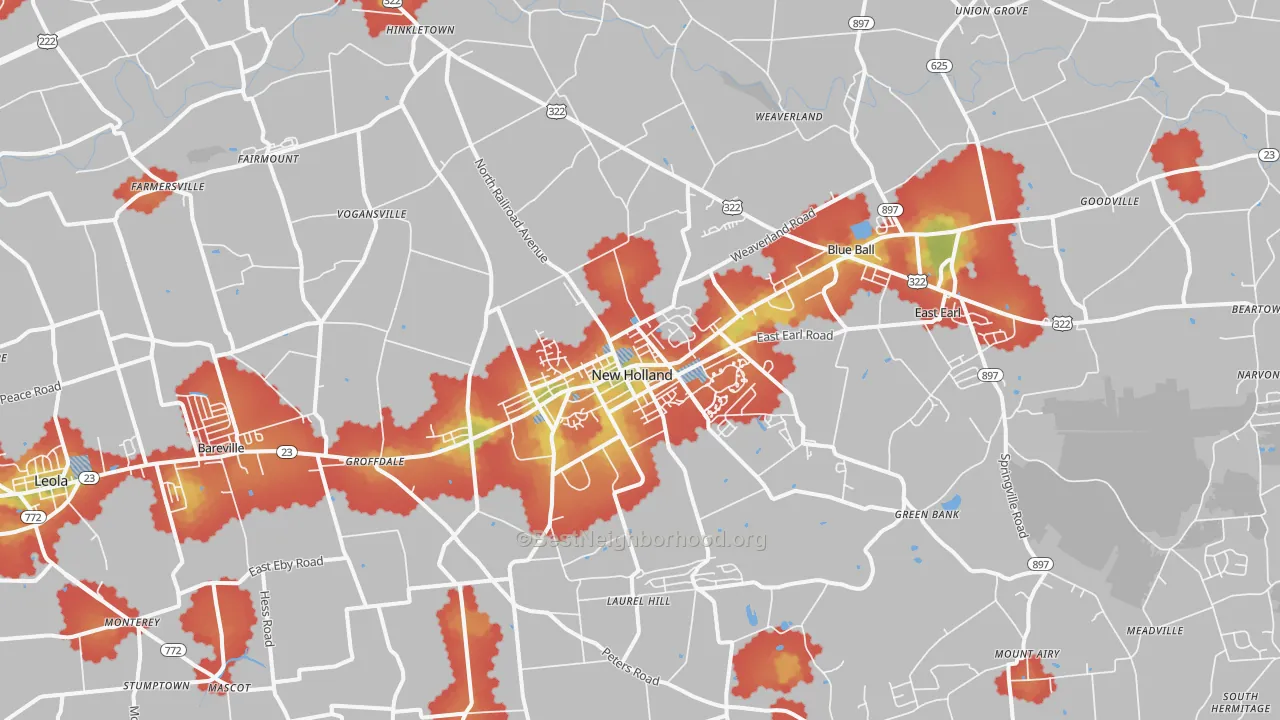 Walk Grade map of Goodville, PA, walkable areas in green and car-dependent areas in red