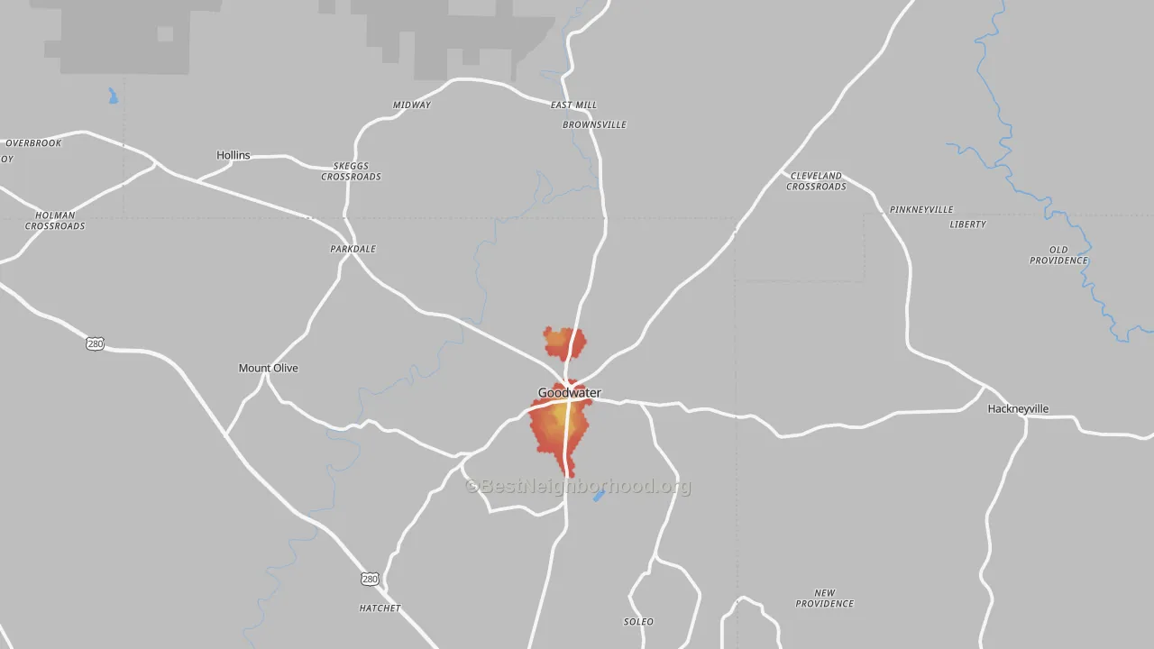 Walk Grade map of Goodwater, AL, walkable areas in green and car-dependent areas in red