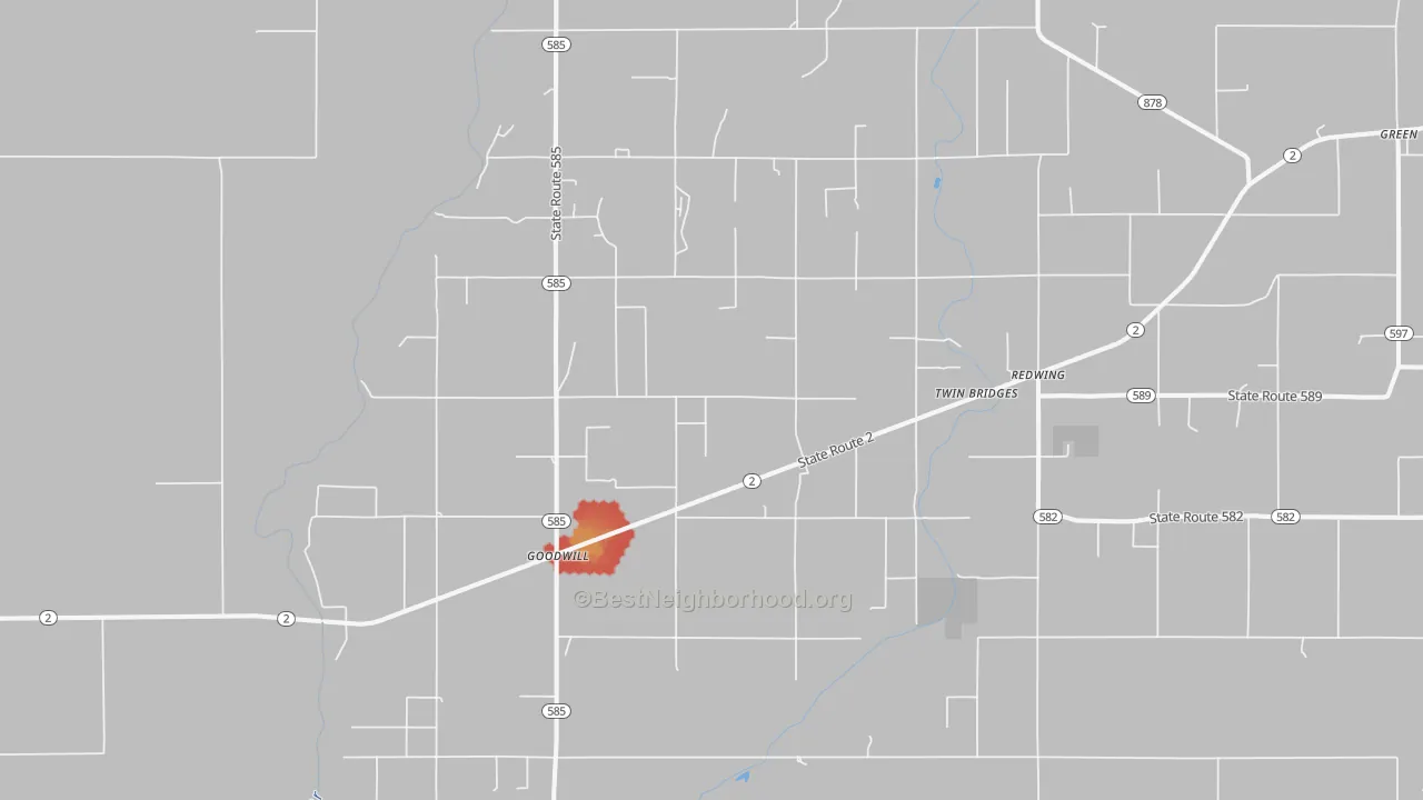 Walk Grade map of Goodwill, LA, walkable areas in green and car-dependent areas in red