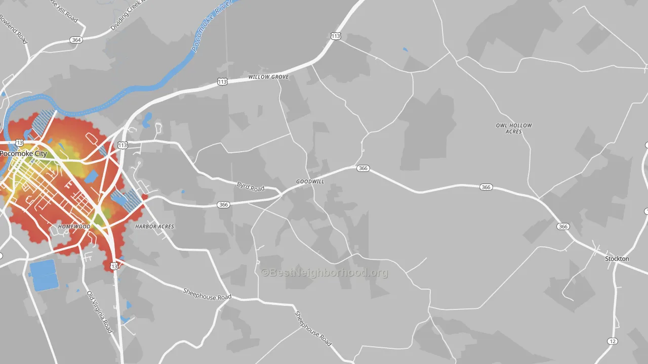 Walk Grade map of Goodwill, MD, walkable areas in green and car-dependent areas in red