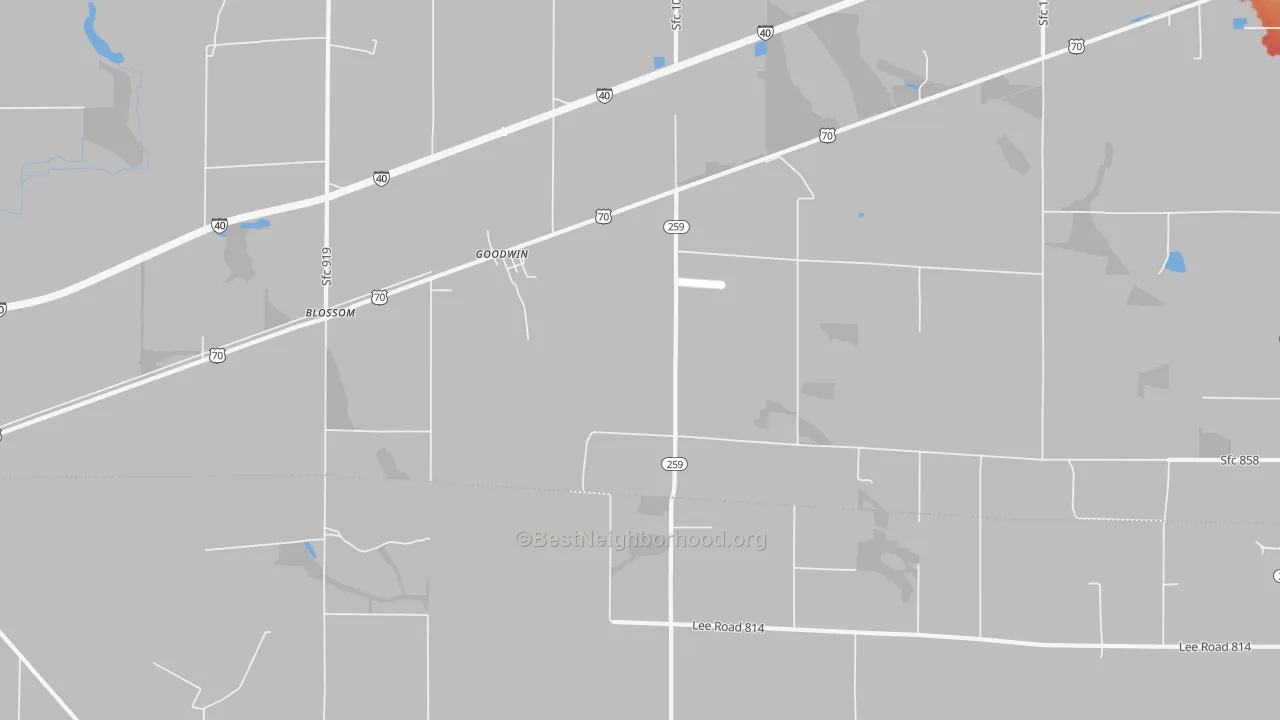 Walk Grade map of Goodwin, AR, walkable areas in green and car-dependent areas in red