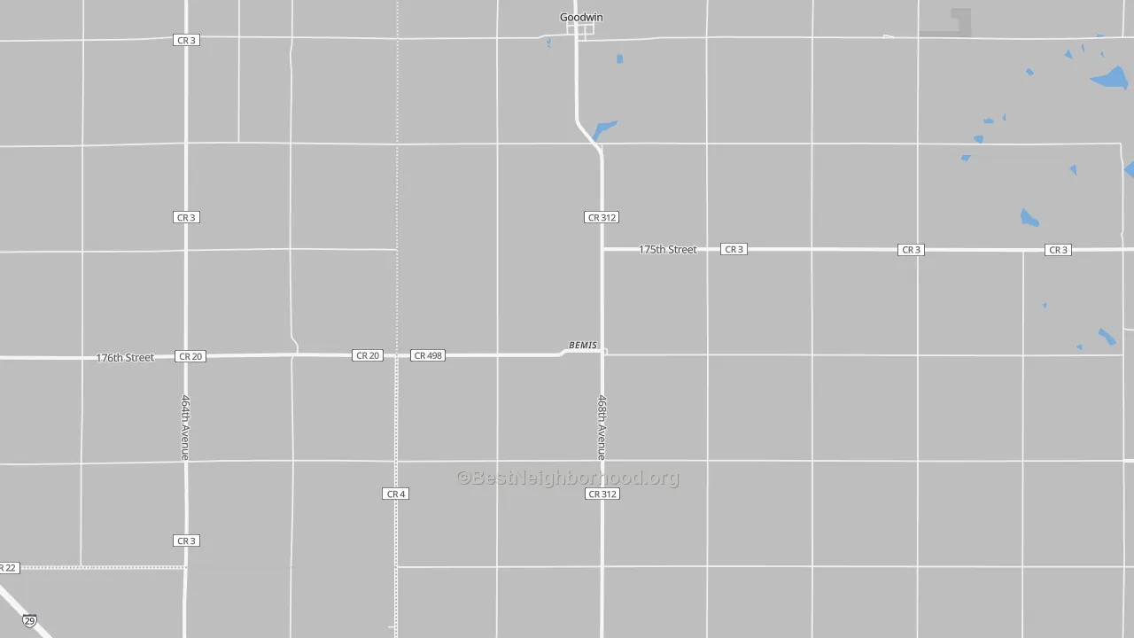 Walk Grade map of Goodwin, SD, walkable areas in green and car-dependent areas in red