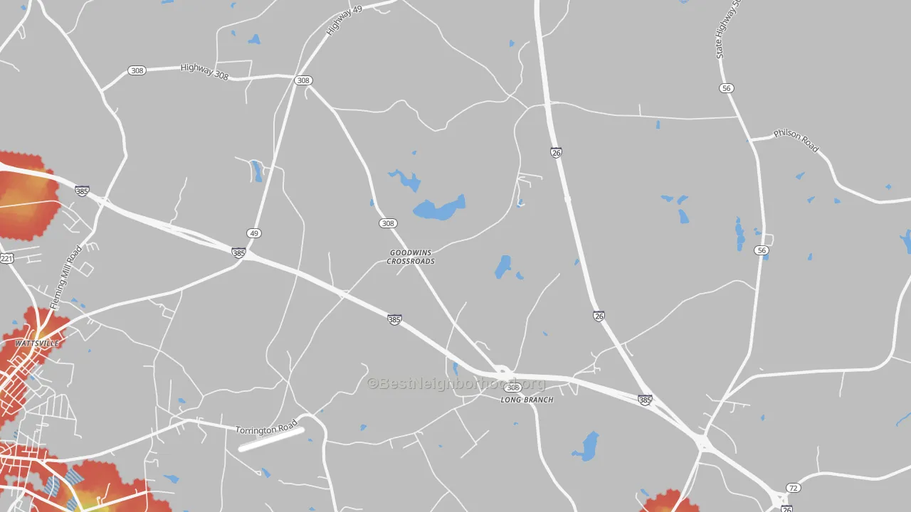 Walk Grade map of Goodwins Crossroads, SC, walkable areas in green and car-dependent areas in red