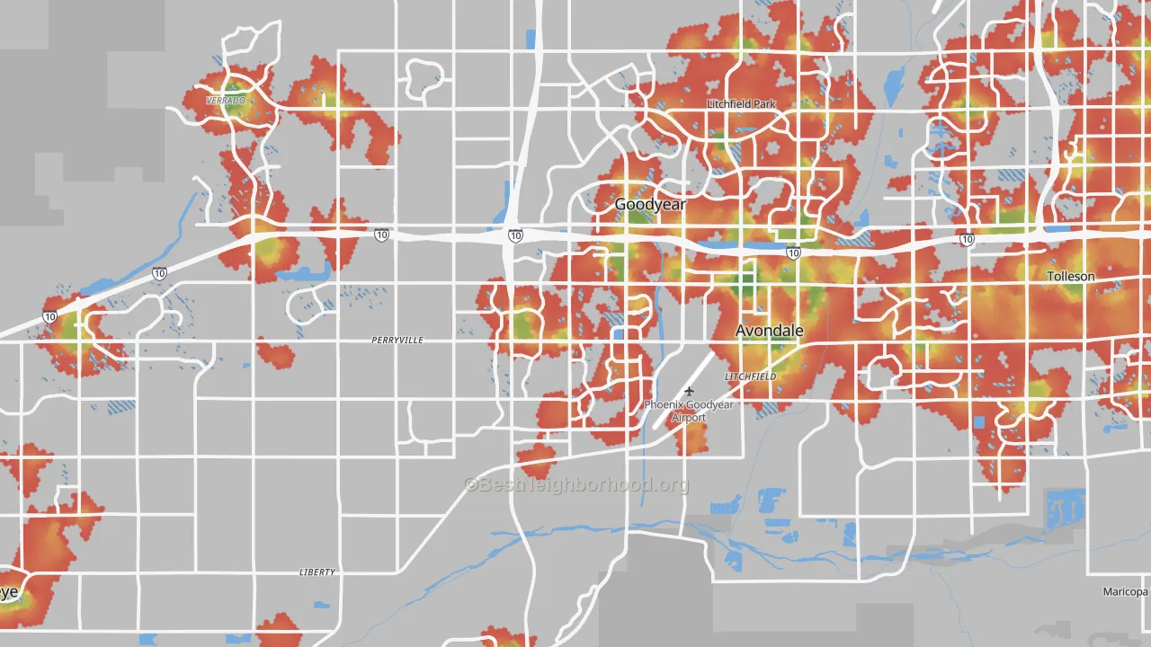 Walk Grade map of Goodyear, AZ, walkable areas in green and car-dependent areas in red