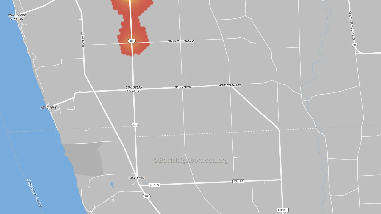 Walk Grade map of Goodyear Corners, NY, walkable areas in green and car-dependent areas in red