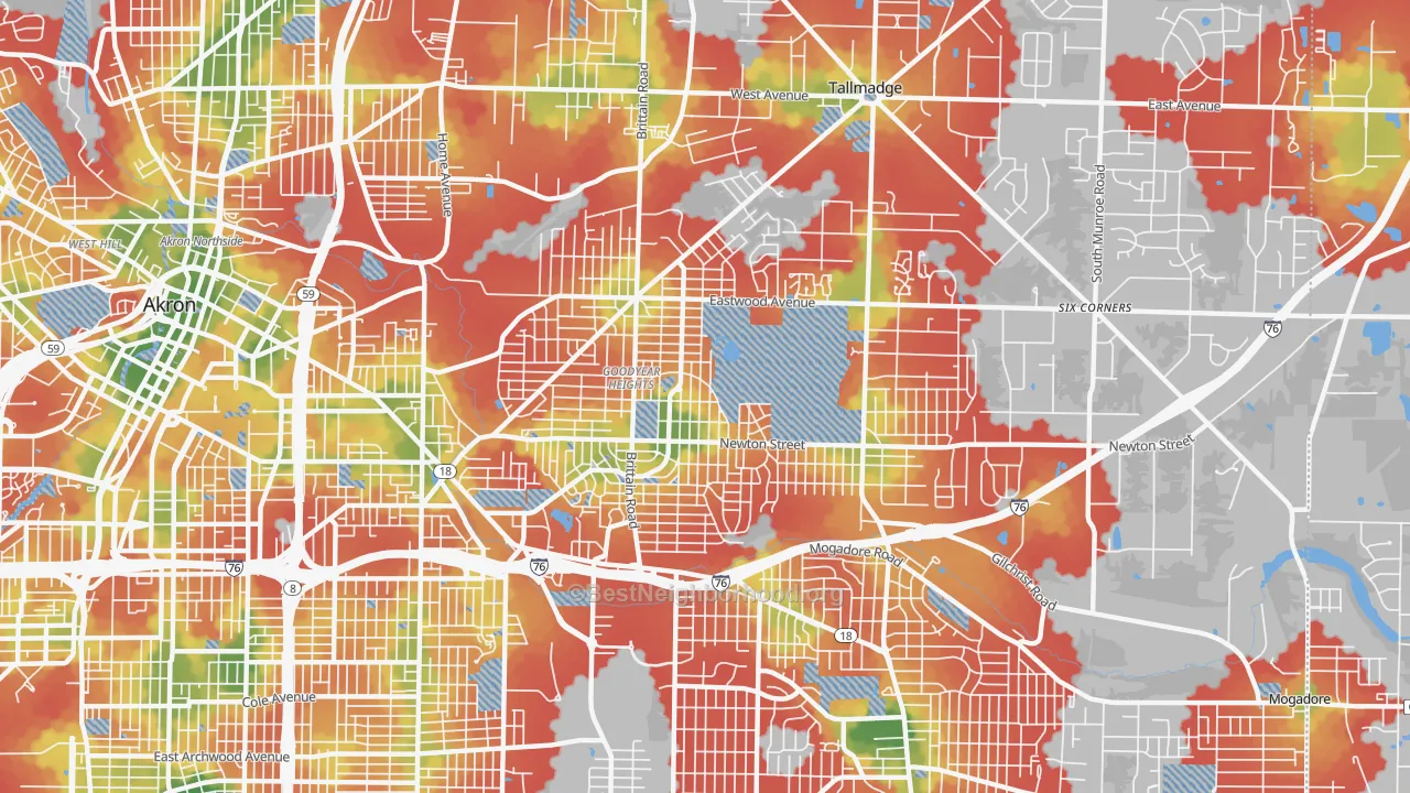 Walk Grade map of Goodyear Heights, Akron, OH, walkable areas in green and car-dependent areas in red