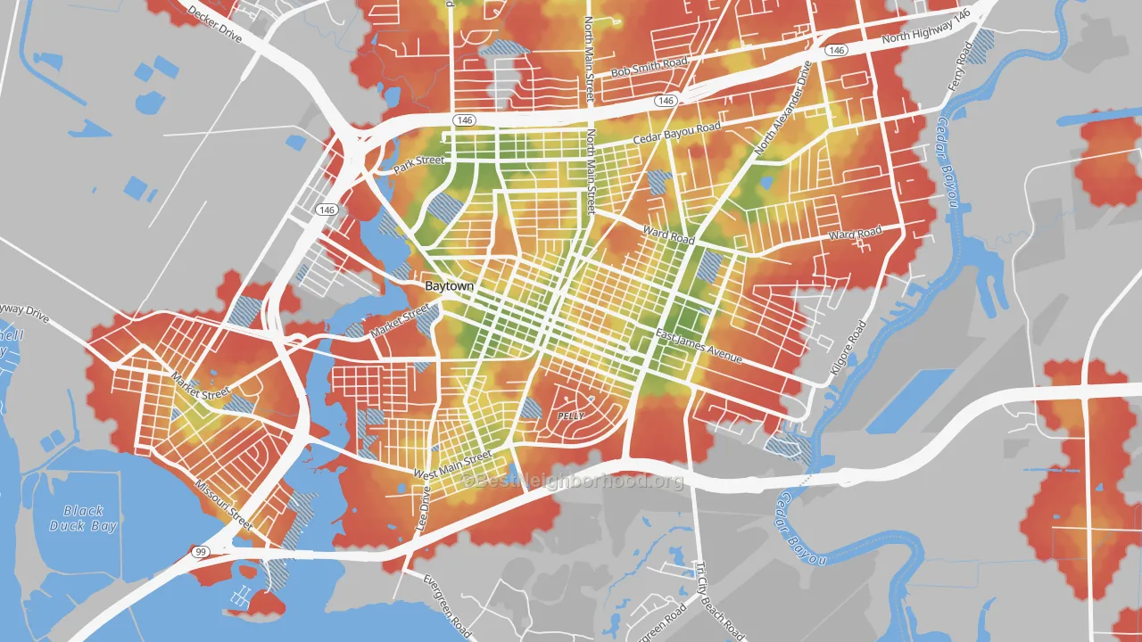 Walk Grade map of Goose Creek, Baytown, TX, walkable areas in green and car-dependent areas in red