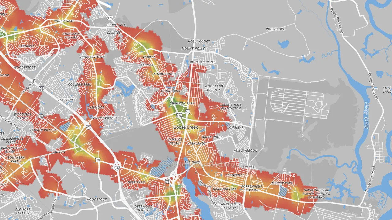 Walk Grade map of Goose Creek, SC, walkable areas in green and car-dependent areas in red
