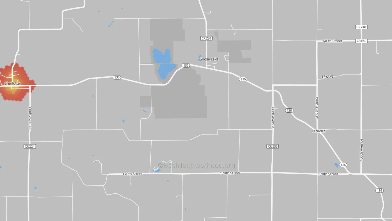 Walk Grade map of Goose Lake, IA, walkable areas in green and car-dependent areas in red