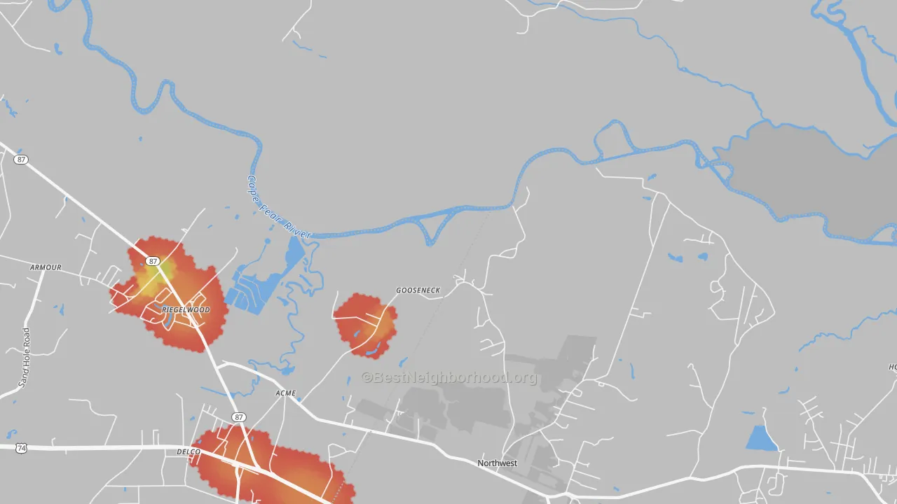 Walk Grade map of Gooseneck, NC, walkable areas in green and car-dependent areas in red