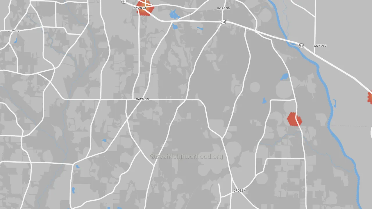 Walk Grade map of Gordon, AL, walkable areas in green and car-dependent areas in red