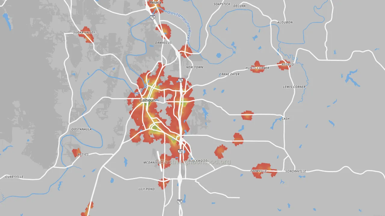 Walk Grade map of Gordon County, GA, walkable areas in green and car-dependent areas in red