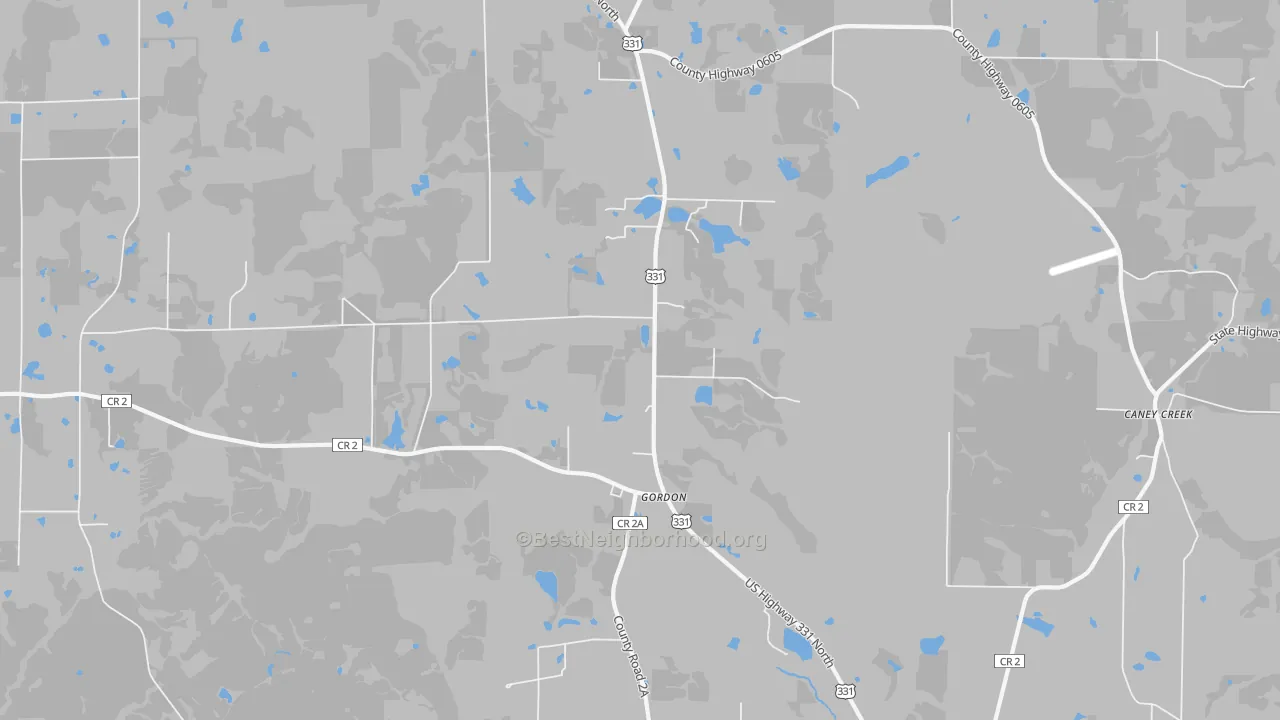 Walk Grade map of Gordon, FL, walkable areas in green and car-dependent areas in red